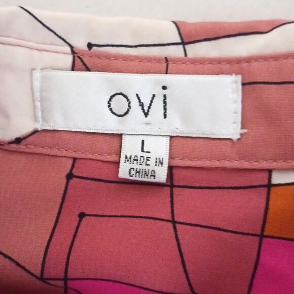 OVI Bright Geometric Mod Print Blouse Balloon Sleeve Sz L - Picture 7 of 8